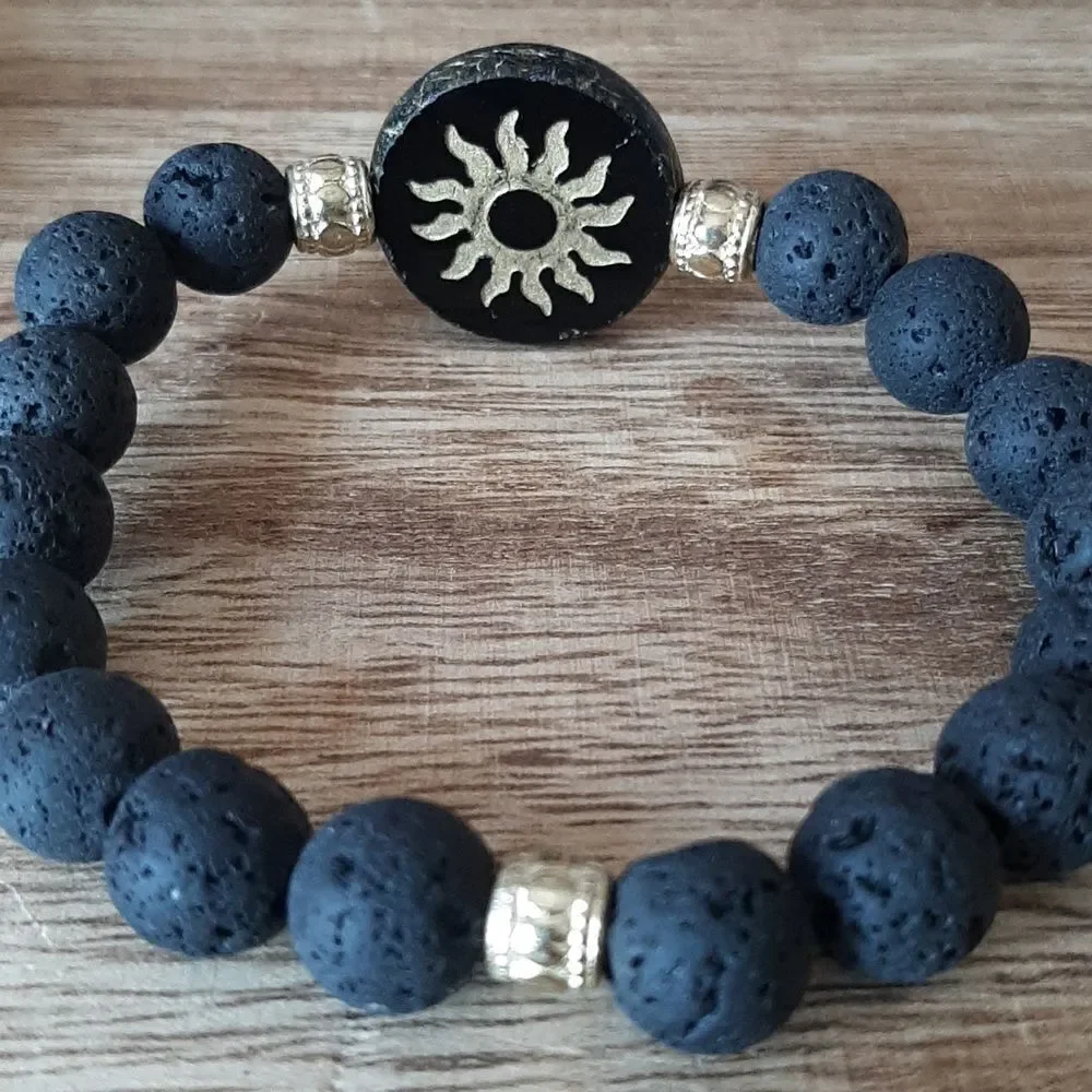 Solar Czech Glass & Lava Diffuser Stretch Bracelet